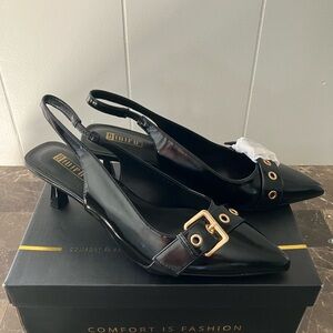 T.J.Maxx Black Slingback Heels with Gold Buckle